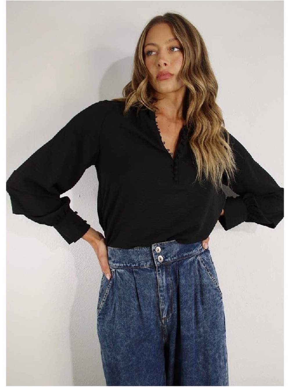 Women's Black Long-Sleeve V-Neck Blouse with Button Trim